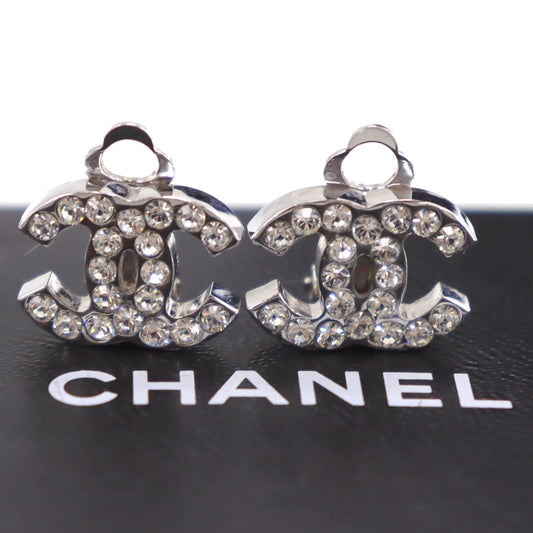 CHANEL CC Logos Rhinestone Earrings Silver Clip-On 04V #CO299