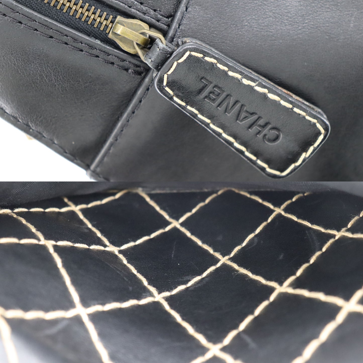 CHANEL Logo Wild Stitch Handbag Black Leather #AH686