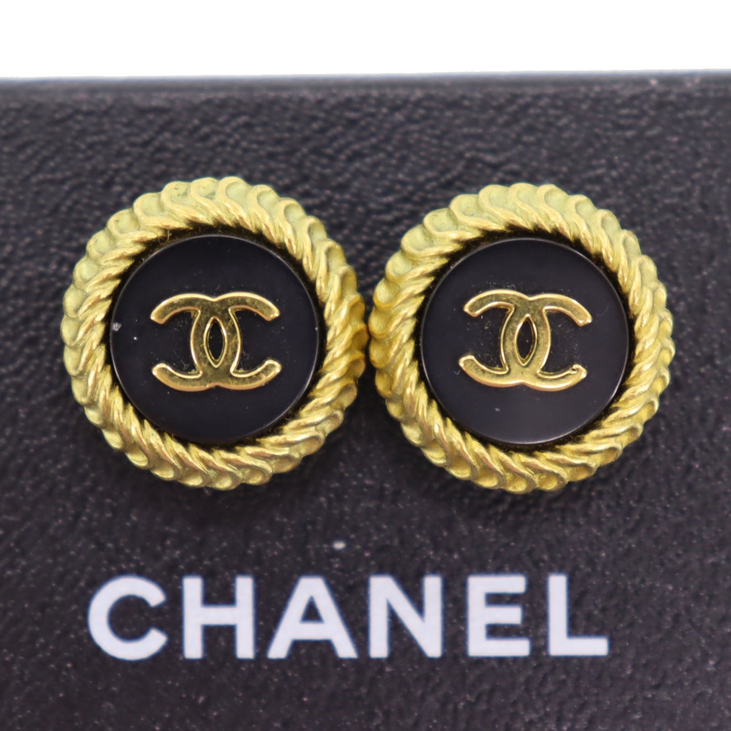 CHANEL CC Logos Circle Earrings Gold Black Clip-On 95C  #AH683