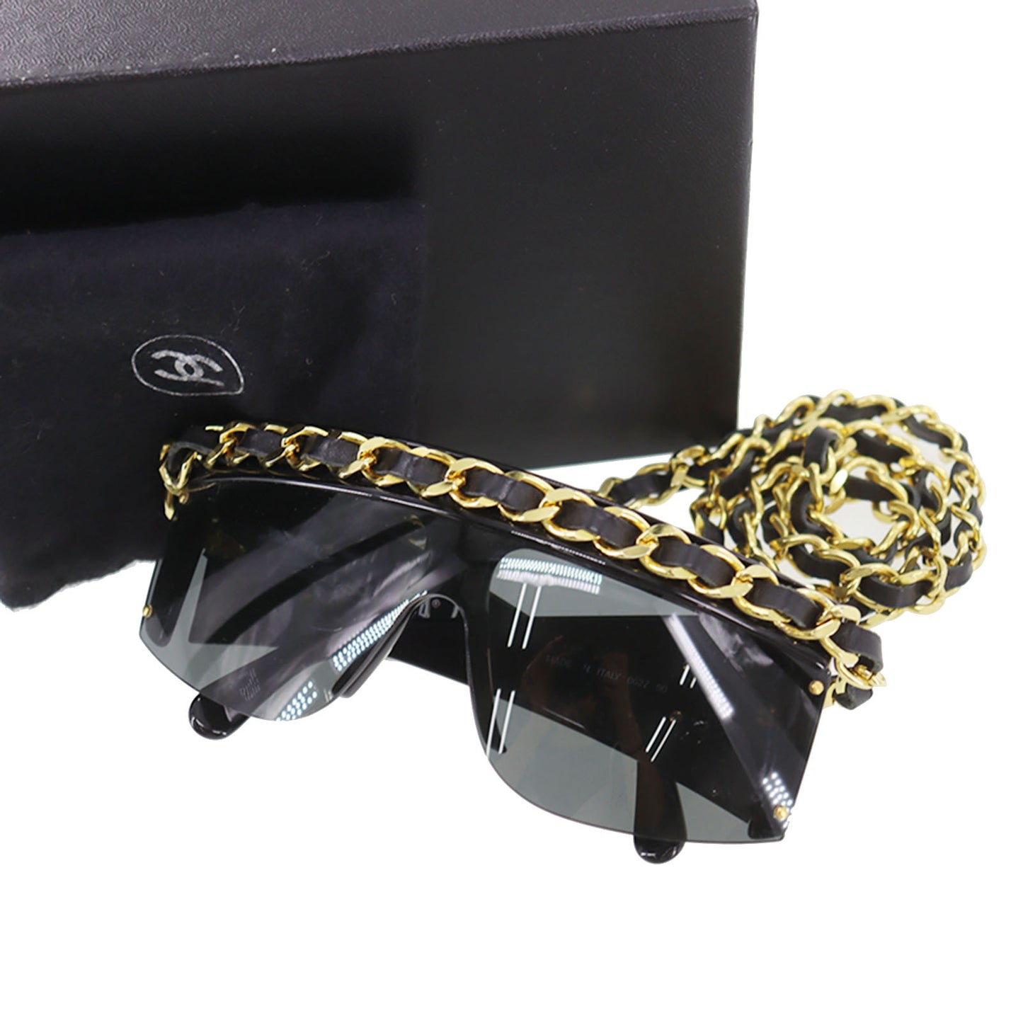 CHANEL Chain Used Sunglasses Black Shield Eye Wear Italy #CU905