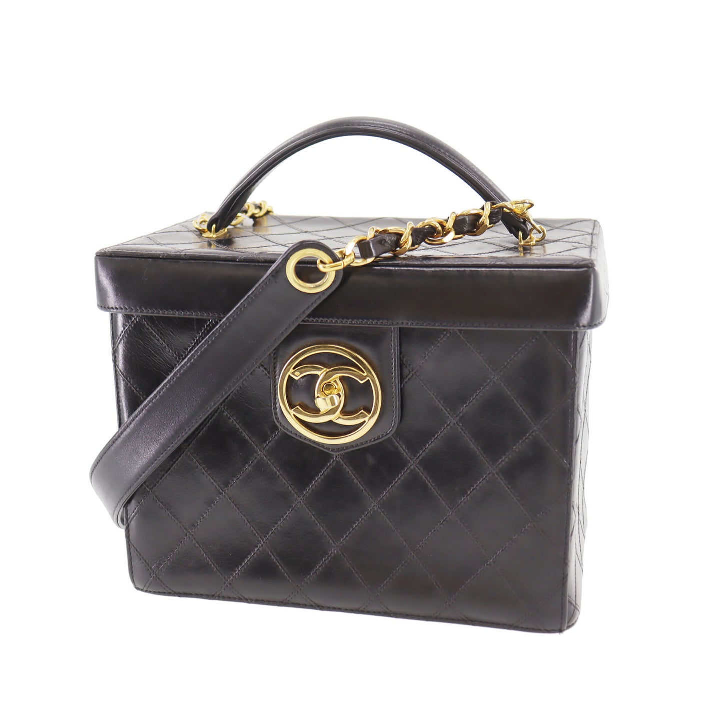 CHANEL Bicolore Handbag Vanity Black Leather #CD204