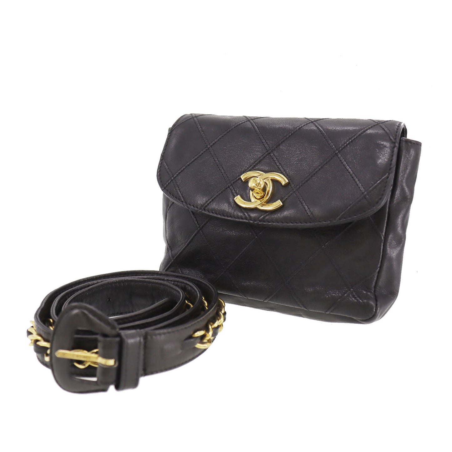 CHANEL Bicolore Bum Bag Black Lambskin Leather #CN575