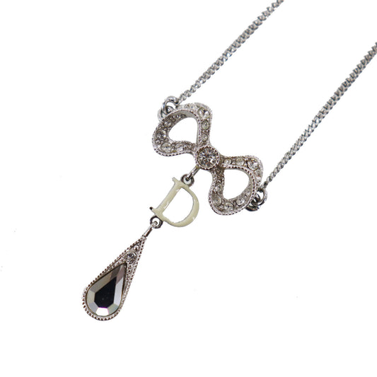 Christian Dior Bow Rhinestone Chain Necklace Silver #CP439