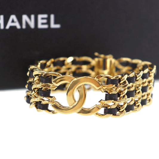 CHANEL CC Logos Chain Bracelet Gold Plated Black Leather 97A #BQ134