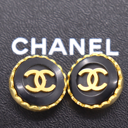 CHANEL CC Logos Earrings Gold Black Clip-On 95A #AG832