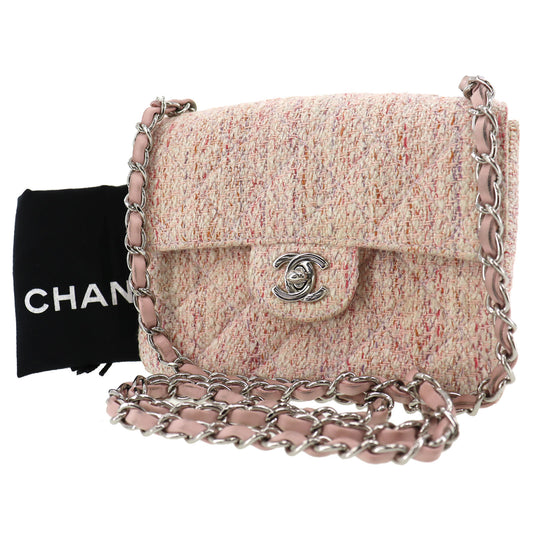 CHANEL Matelasse Used Shoulder Bag Crossbody Pink Tweed Canvas #BN932