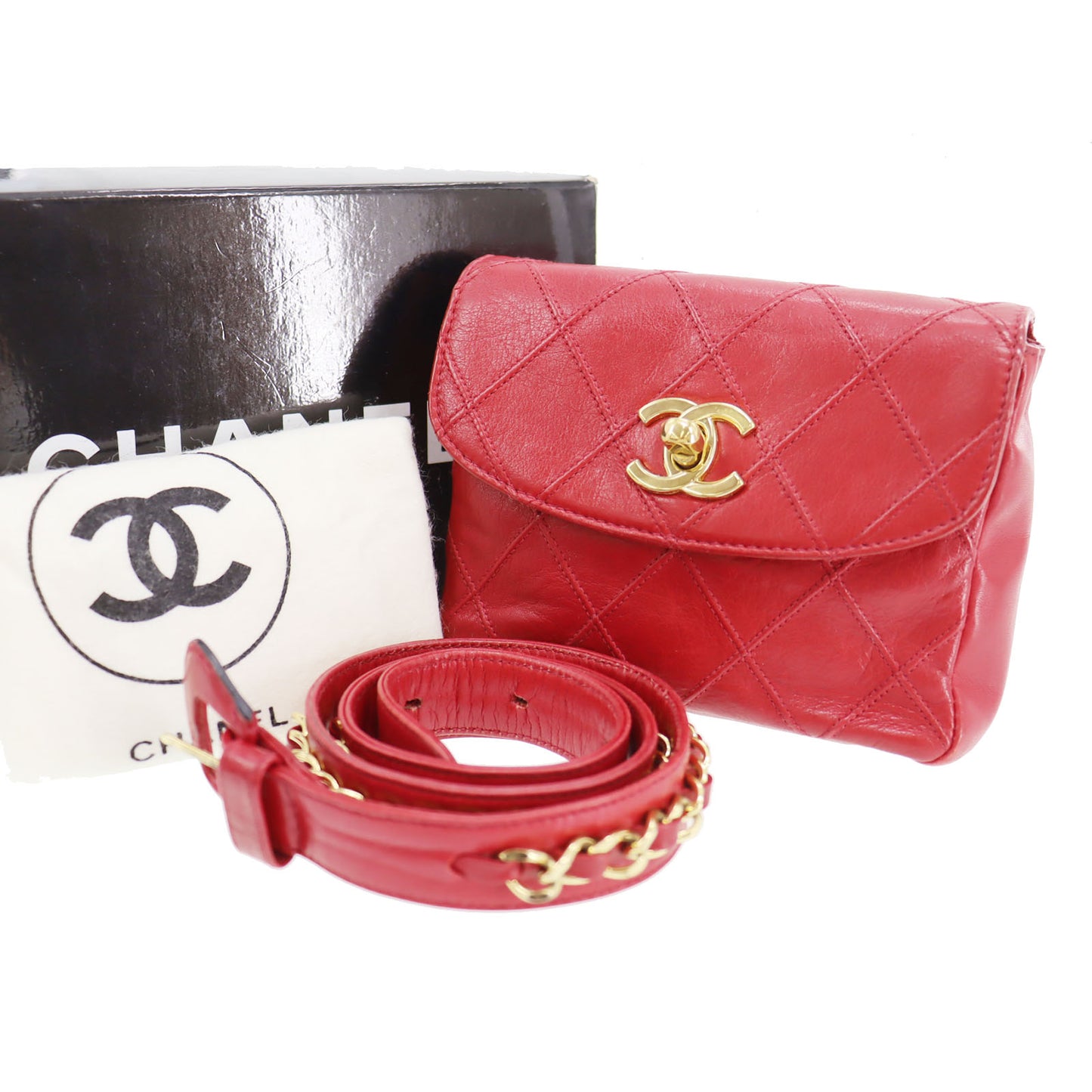 CHANEL Bicolore Bum Bag Red Leather Lambskin #CK629