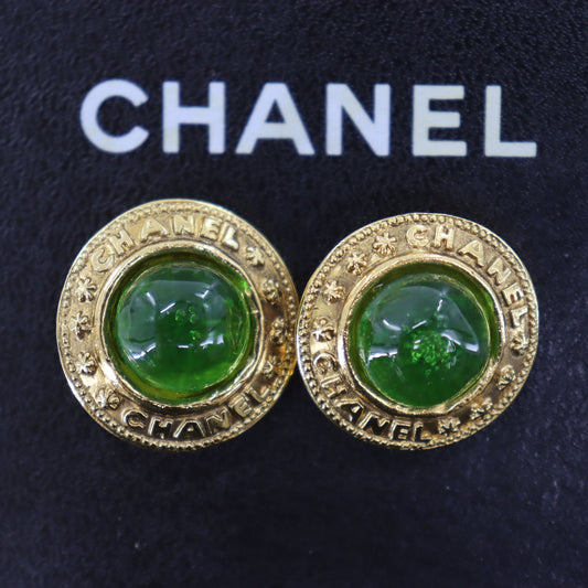 CHANEL Logos Circle Stone Earrings Gold Clip-On 2537 #AG997