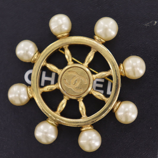 CHANEL CC Logos Rudder Pin Brooch Gold Plated Pearl 94P #BX377