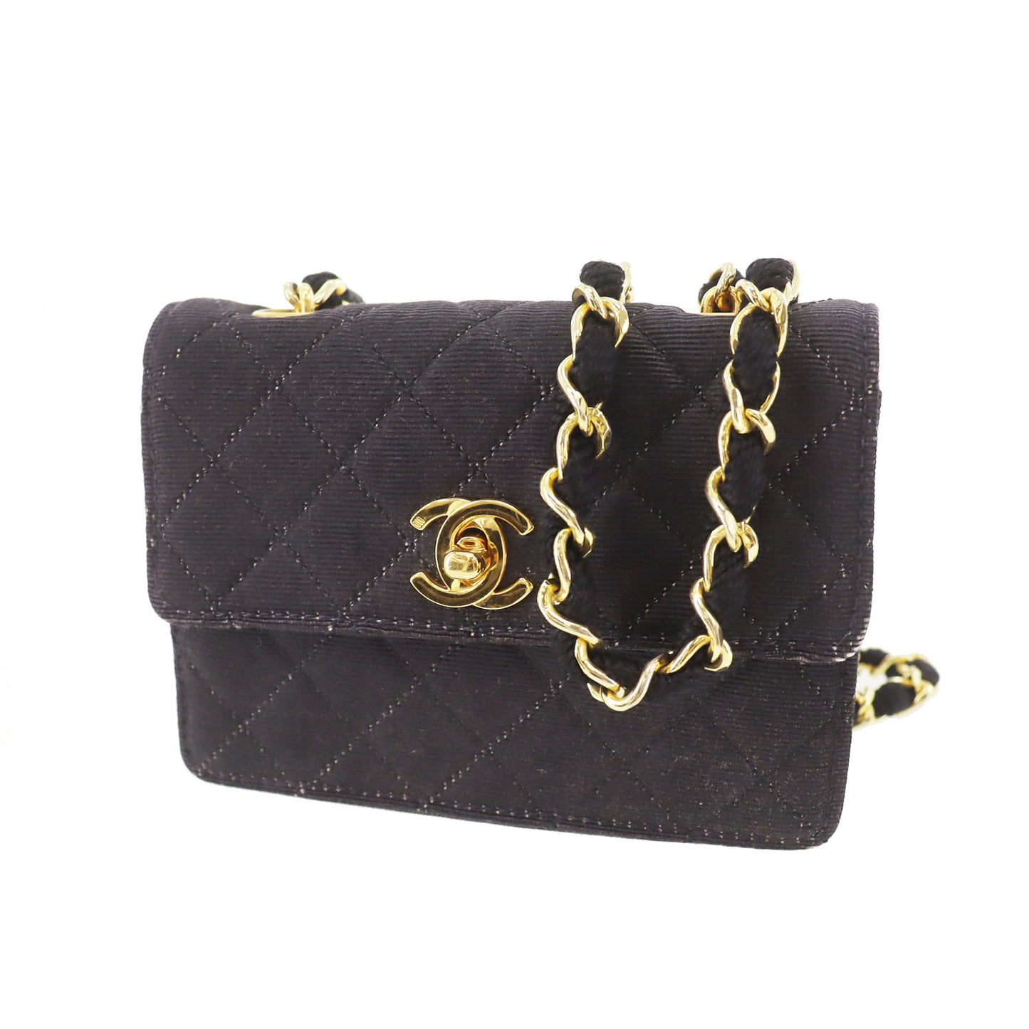 CHANEL Mini Matelasse Used Shoulder Bag Black Canvas Vintage #CN499