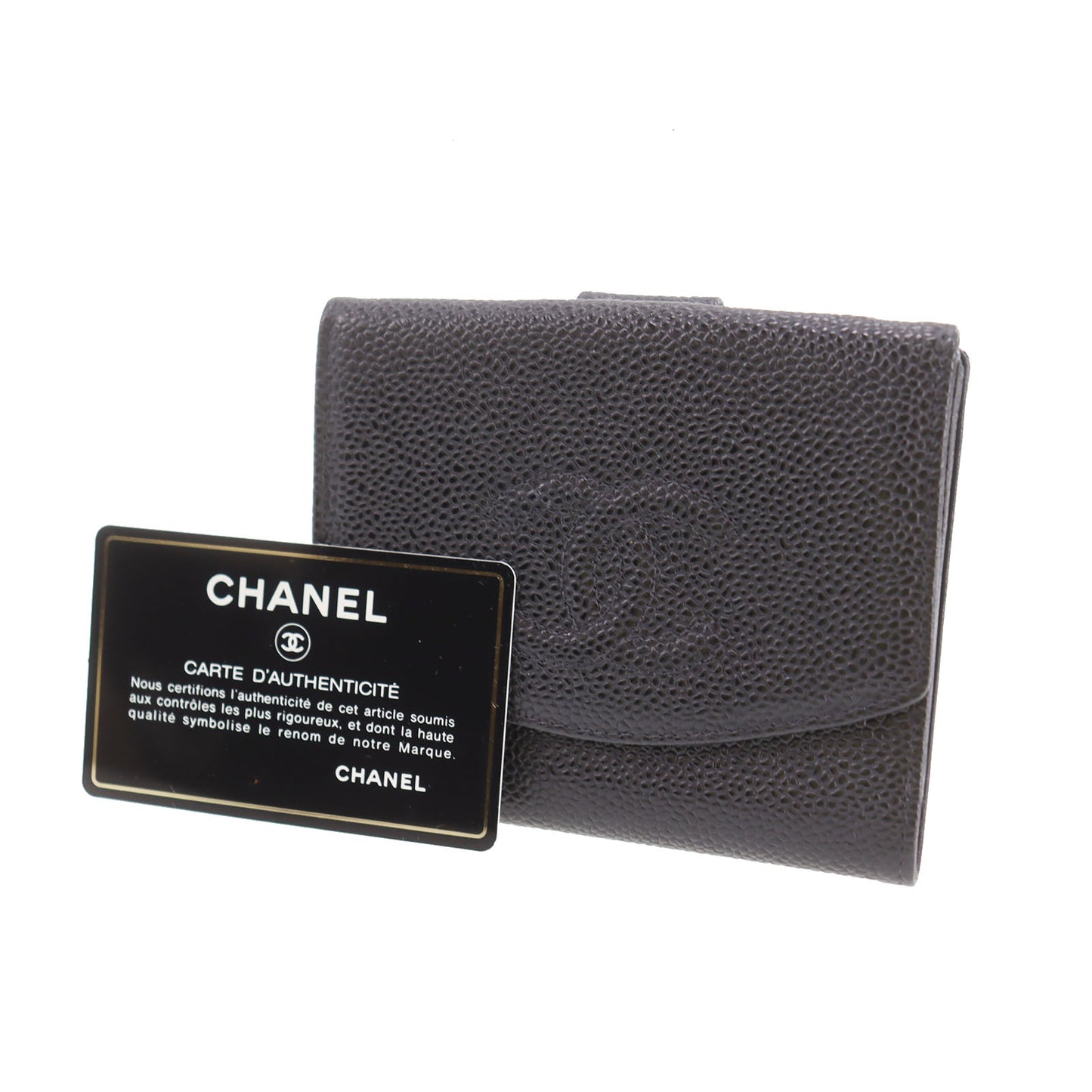 CHANEL CC Logos Bi-fold Wallet Black Caviar Skin Leather #CW716