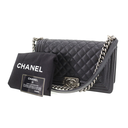 CHANEL Used BOY CHANEL Shoulder Bag Black Caviar Skin Leather Vintage #DA572