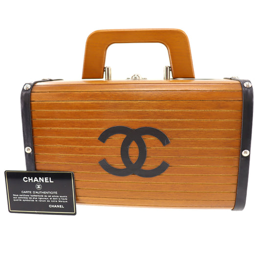 CHANEL Logos Wood Vanity Handbag Box Brown #AH24