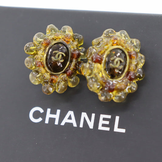 CHANEL CC Logos Stone Earrings Gold Brown Red Clip-On #AH3