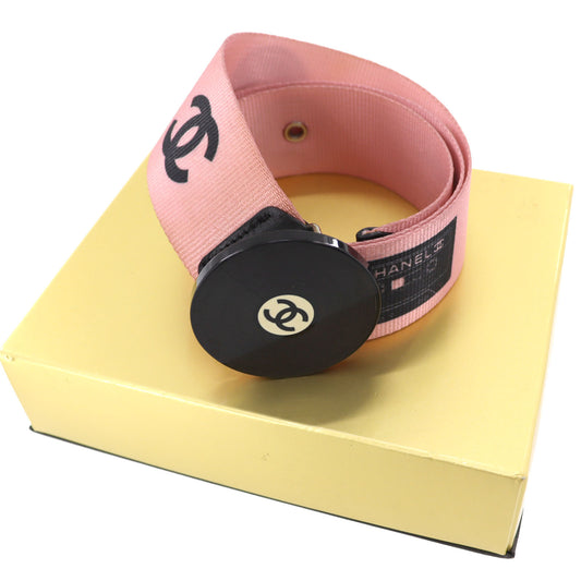 CHANEL CC Waist Belt Record Motif Pink Black Nylon Canvas Leather #AG91