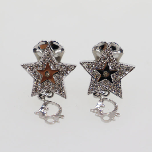 Christian Dior Star Logos Rhinestone Earrings Silver Plated #CB376 S