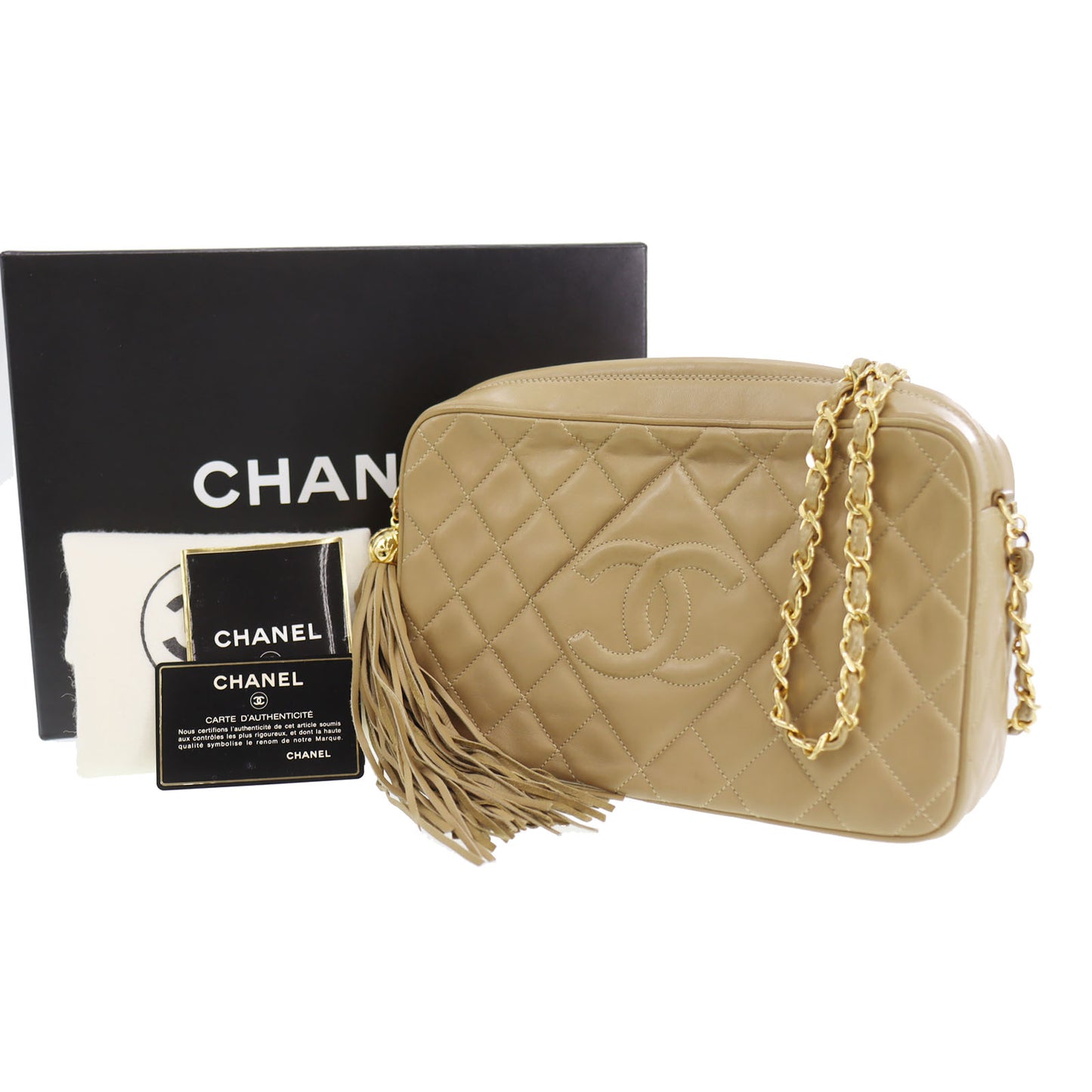 CHANEL Matelasse Shoulder Bag Crossbody Beige Lambskin #CG350