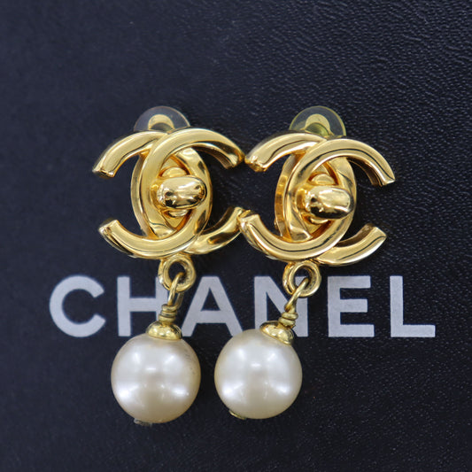 CHANEL CC Logos Pearl Earrings Clip-On 97P  #AG5