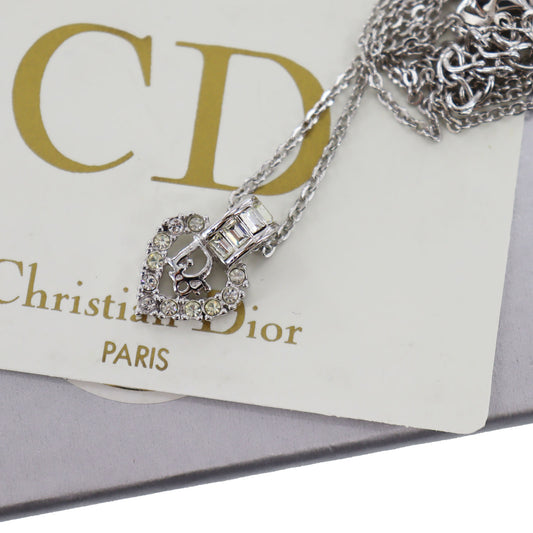 Christian Dior Heart Rhinestone Chain Necklace Silver #CS544
