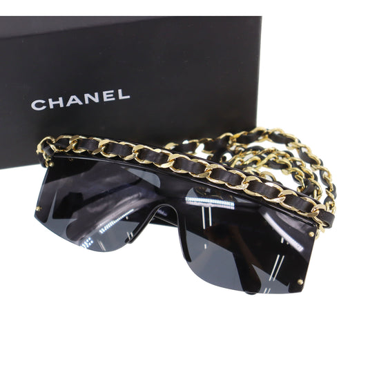 CHANEL Chain Sunglasses Black Shield Eye Wear #CT757
