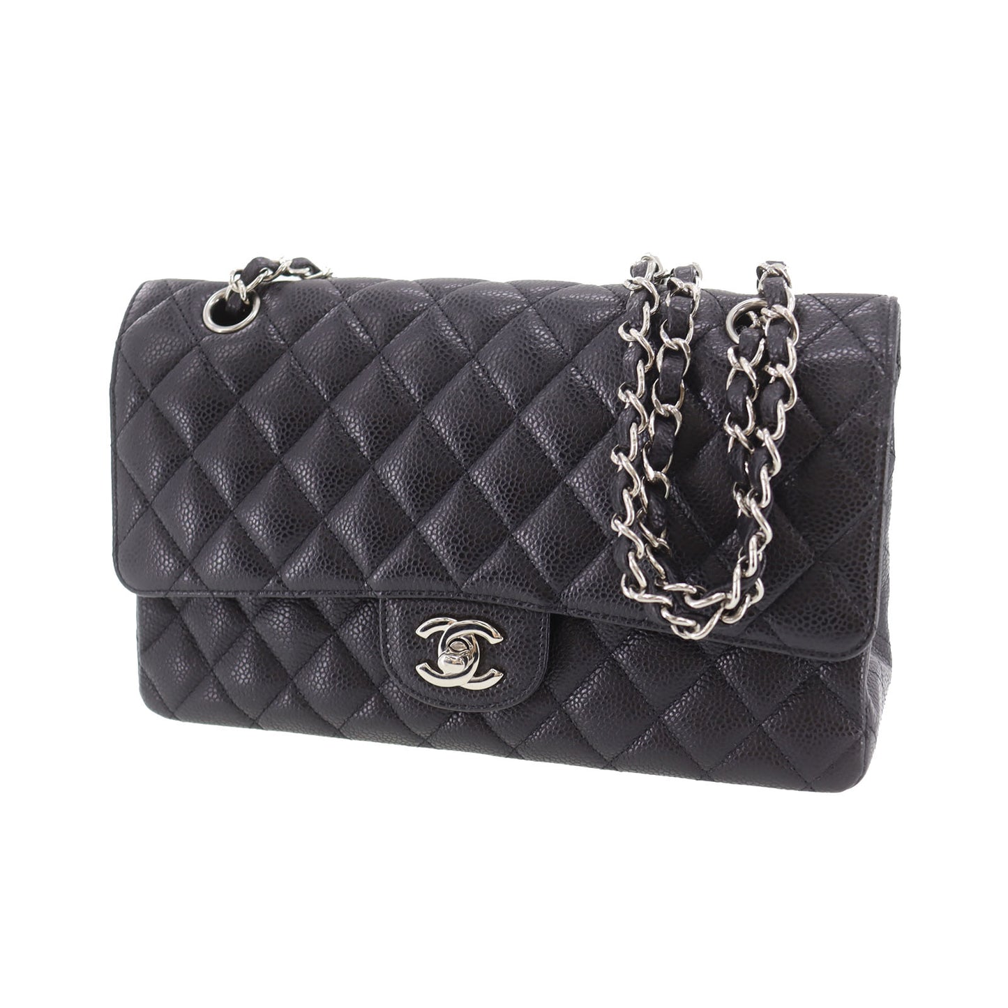 CHANEL Matelasse Double Flap Used Shoulder Bag Black Caviar Skin Leather #CY111