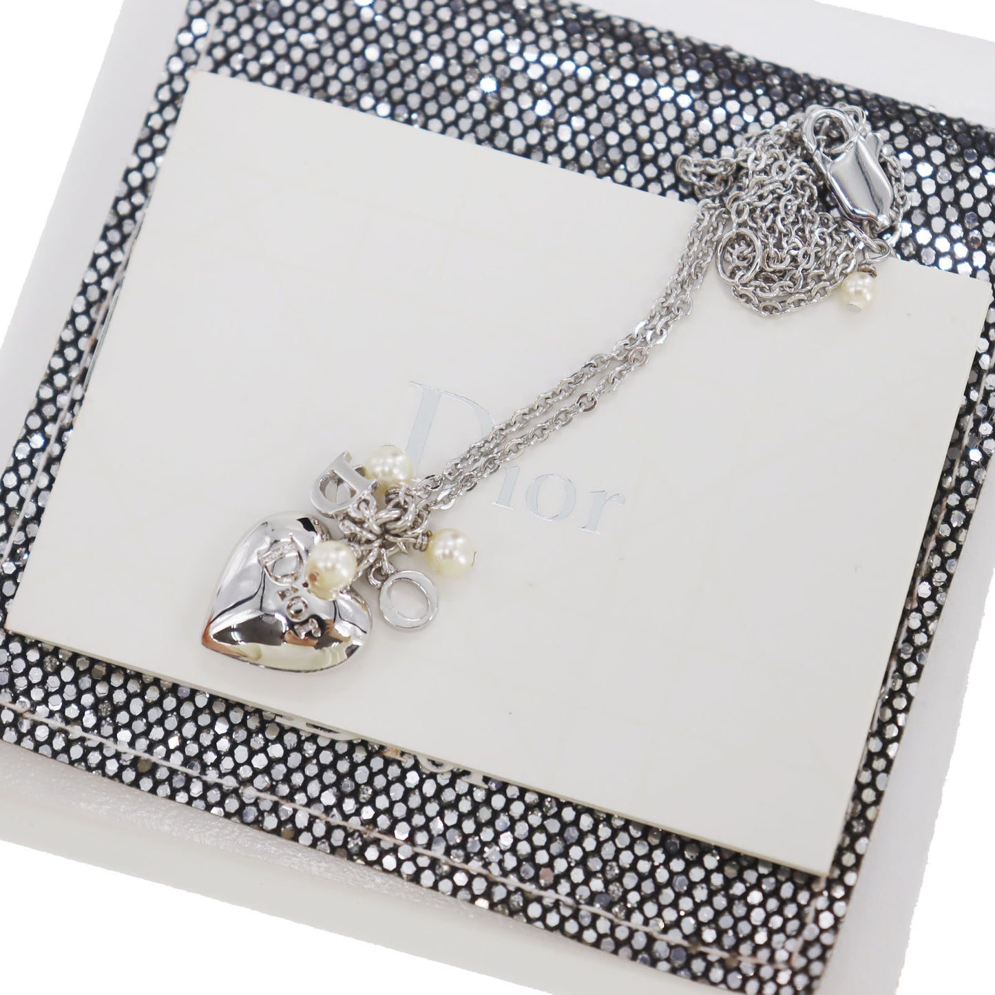 Christian Dior Logos Heart Pearl Used Chain Necklace Silver #EB958 S