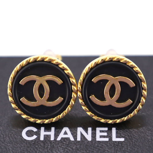 CHANEL Logos Earrings Gold Black Clip-On 97P #AG754