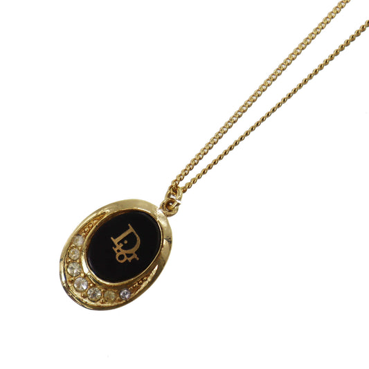 Christian Dior Logo Rhinestone Chain Necklace Pendant Gold #CS133