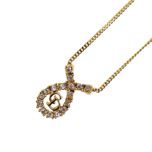 Christian Dior CD Logo Rhinestone Chain Necklace Gold #CO581