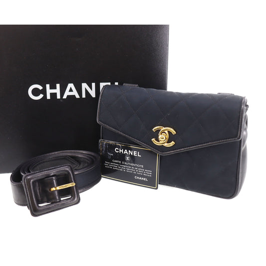 CHANEL Matelasse Belt Bag Bumbag Black Satin #CG983