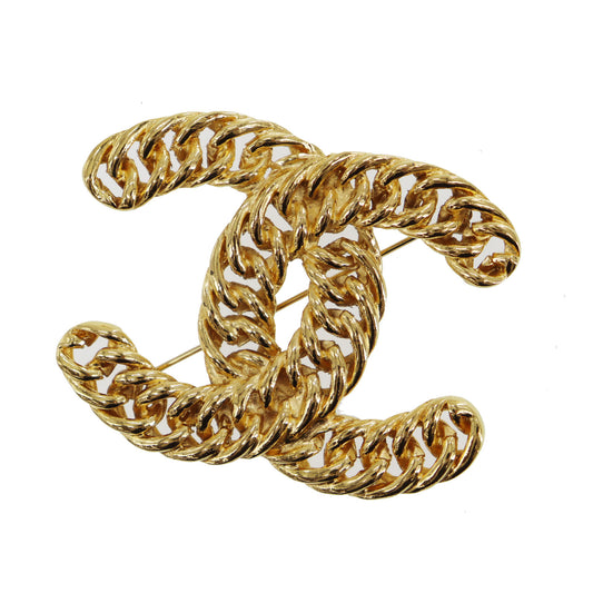 CHANEL CC Logos Chain Big Pin Brooch Gold Plated #CD906