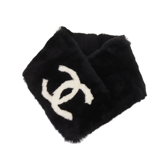 CHANEL CC Logos Fur Scarf Muffler Neck warmer 100% Rabbit Black #CN565