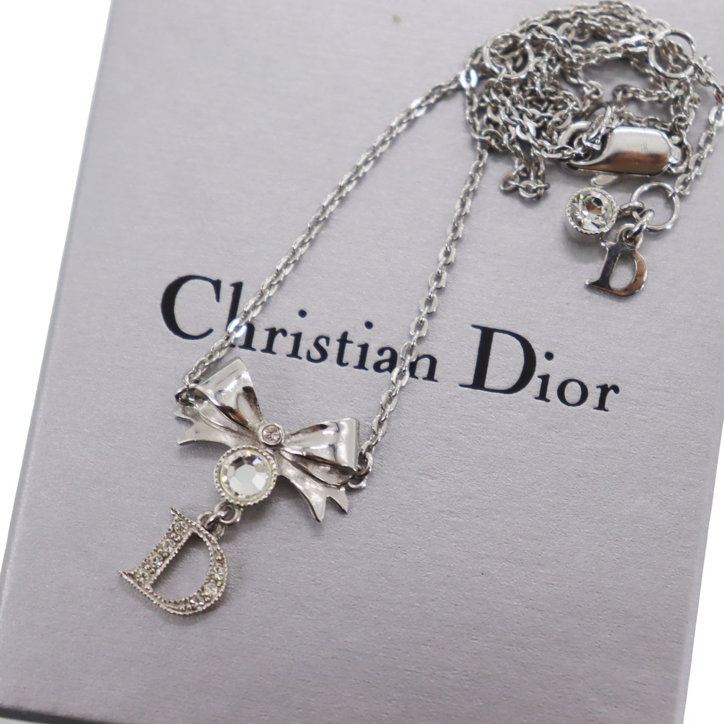 Christian Dior CD Logo Bow Necklace Silver Rhinestones #EC225