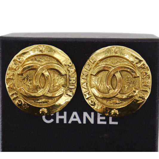 CHANEL CC Logos Circle Earrings 2853 Gold Clip-On  #BR163