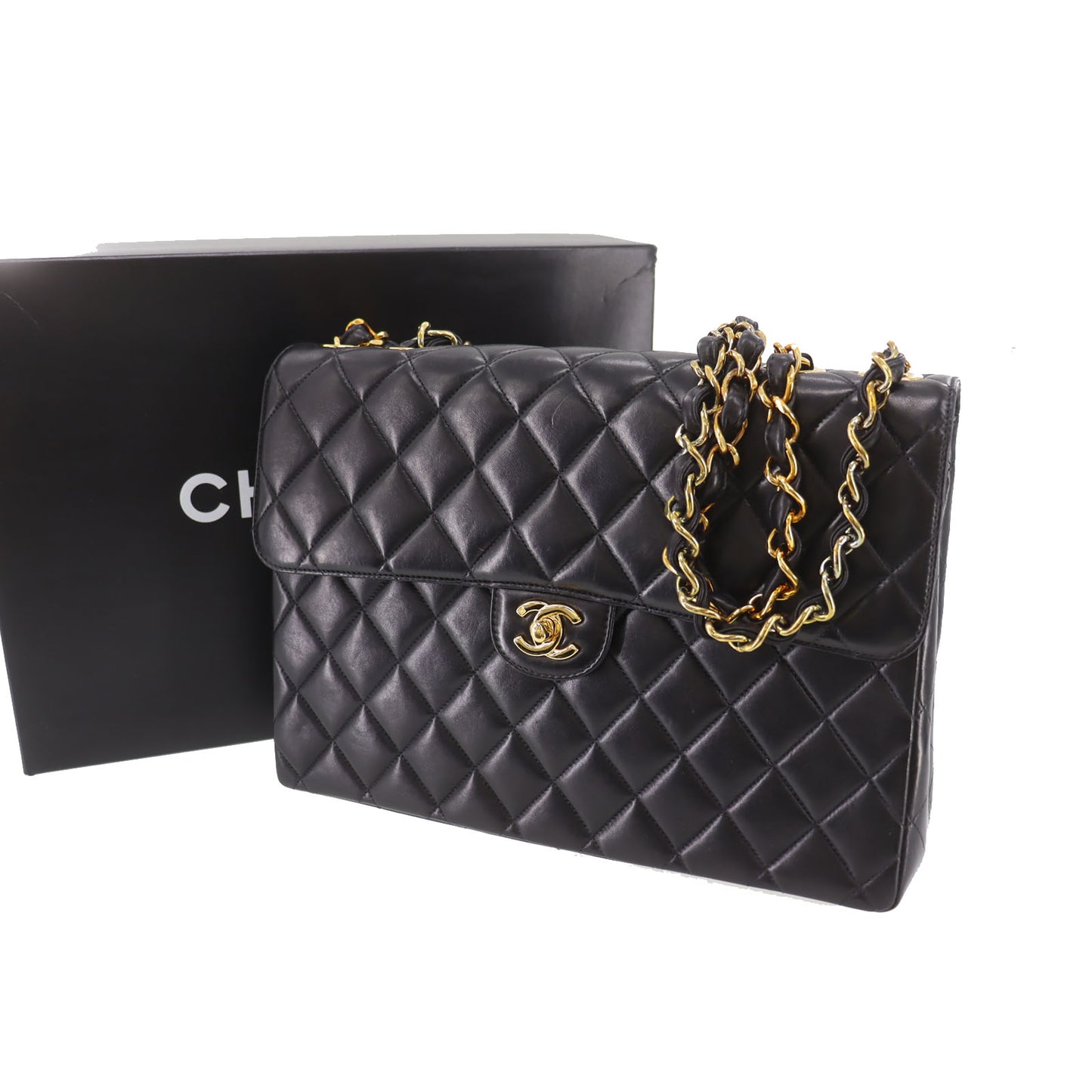 CHANEL Matelasse Used Shoulder Bag Black Lambskin Leather #CX813