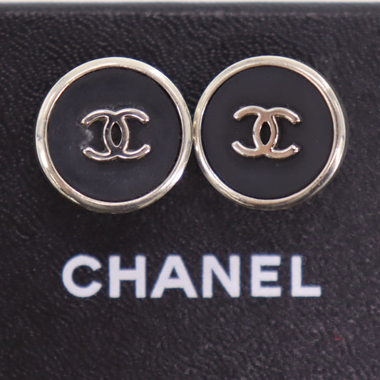 CHANEL CC Logo Circle Earrings Silver Black Clip-On 96 P #CB717