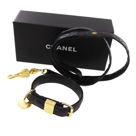 CHANEL Used Black Quilted CC Logo Dog Collar & Leash Set 99 C Vintage #CX601