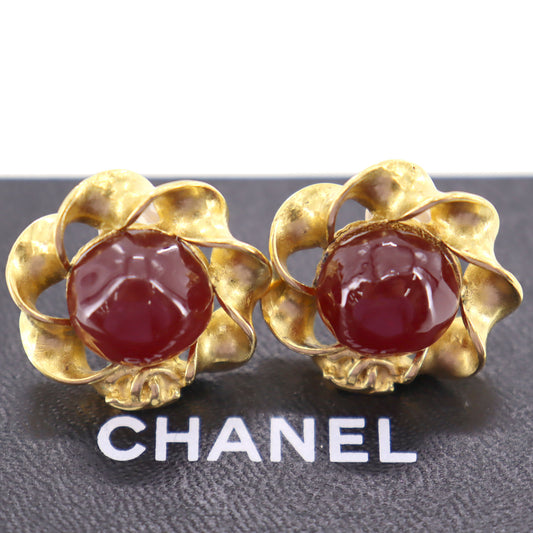 CHANEL CC Logos Spiral Circle Stone Earrings Gold Clip-On #AG839