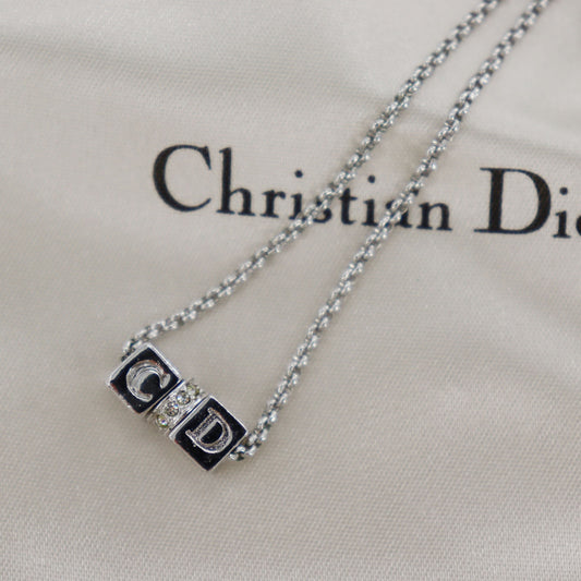 Christian Dior CD Logos Cube Rhinestone Necklace Silver #CB388