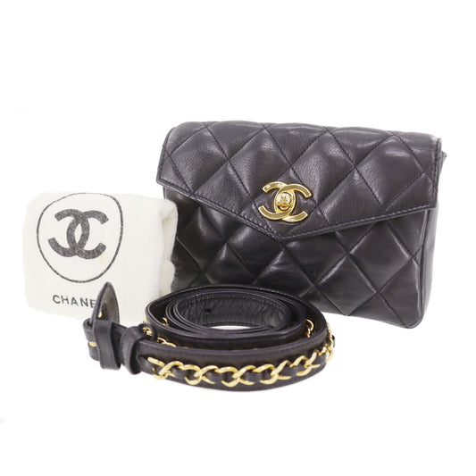 CHANEL Matelasse Used Belt Bag Bumbag Black Lambskin Leather Vintage #CU486