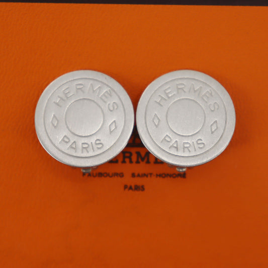 HERMES Logos Circle Silver Earrings Clip-On Vintage #EA249