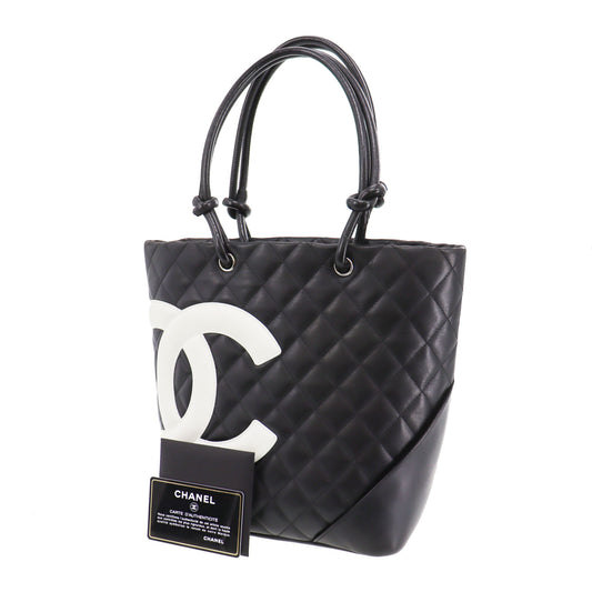 CHANEL Cambon Line Tote Handbag Black Leather #CG629