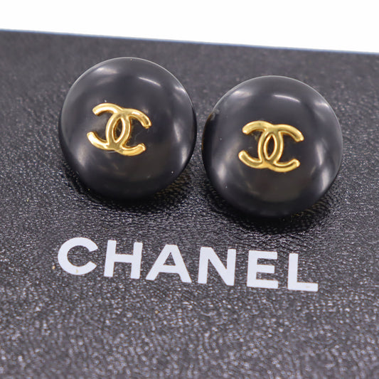 CHANEL Logos Earrings Gold Black Clip-On 95A  #BK864