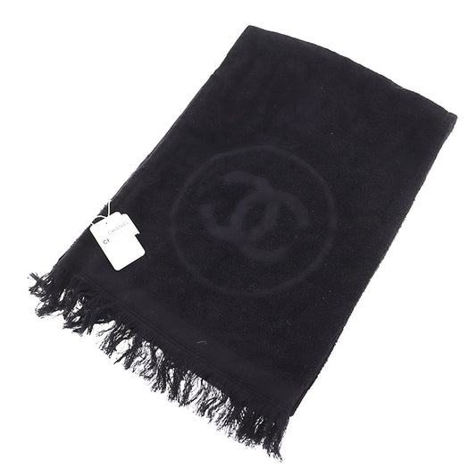 CHANEL CC Logos Towel Scarf 100% Cotton Black #BX906