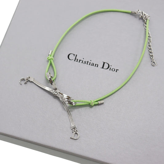 Christian Dior CD Logo Ribbon Necklace Green Silver #BY323