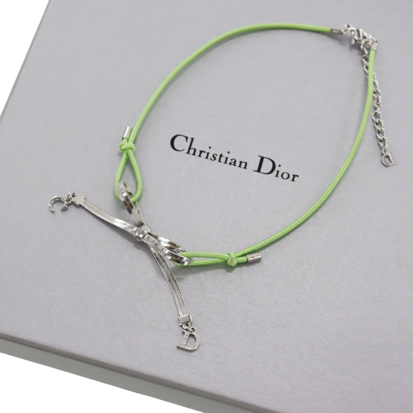 Christian Dior CD Logo Ribbon Necklace Green Silver #BY323