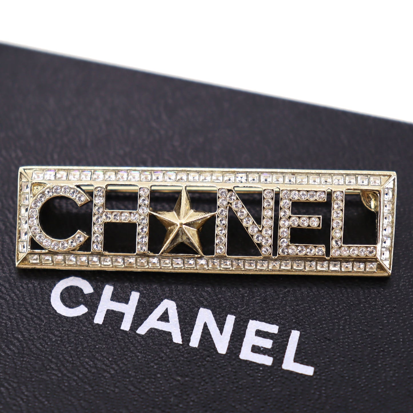 CHANEL Logos Pin Brooch Rhinestone Star White Gold A17 C #AG867