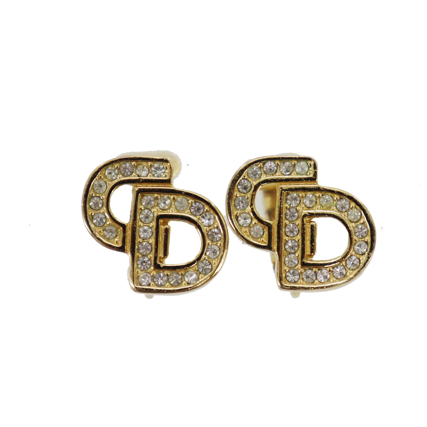 Christian Dior CD Rhinestone Used Earrings Gold Plated #EA175