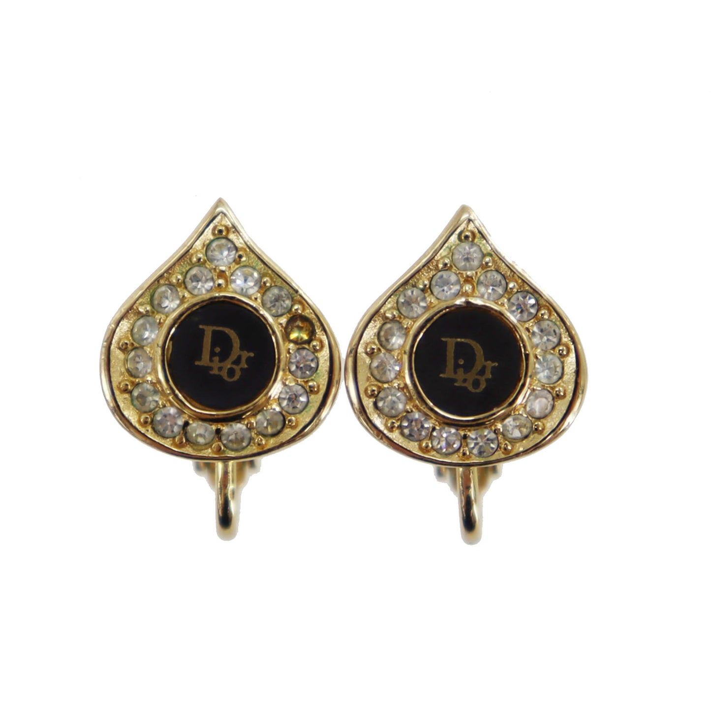 Christian Dior CD Logos Rhinestone Earrings Gold Plated #CB599