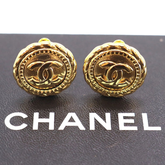 CHANEL CC Logos Circle Earrings Gold Clip-On France 2398 #AE782